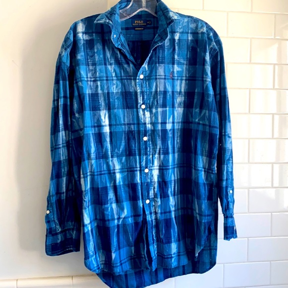 Polo Ralph Lauren Tops - Ralph Lauren Navy Blue and White Tie Dye Long Sleeve Plaid Lightweight Shirt